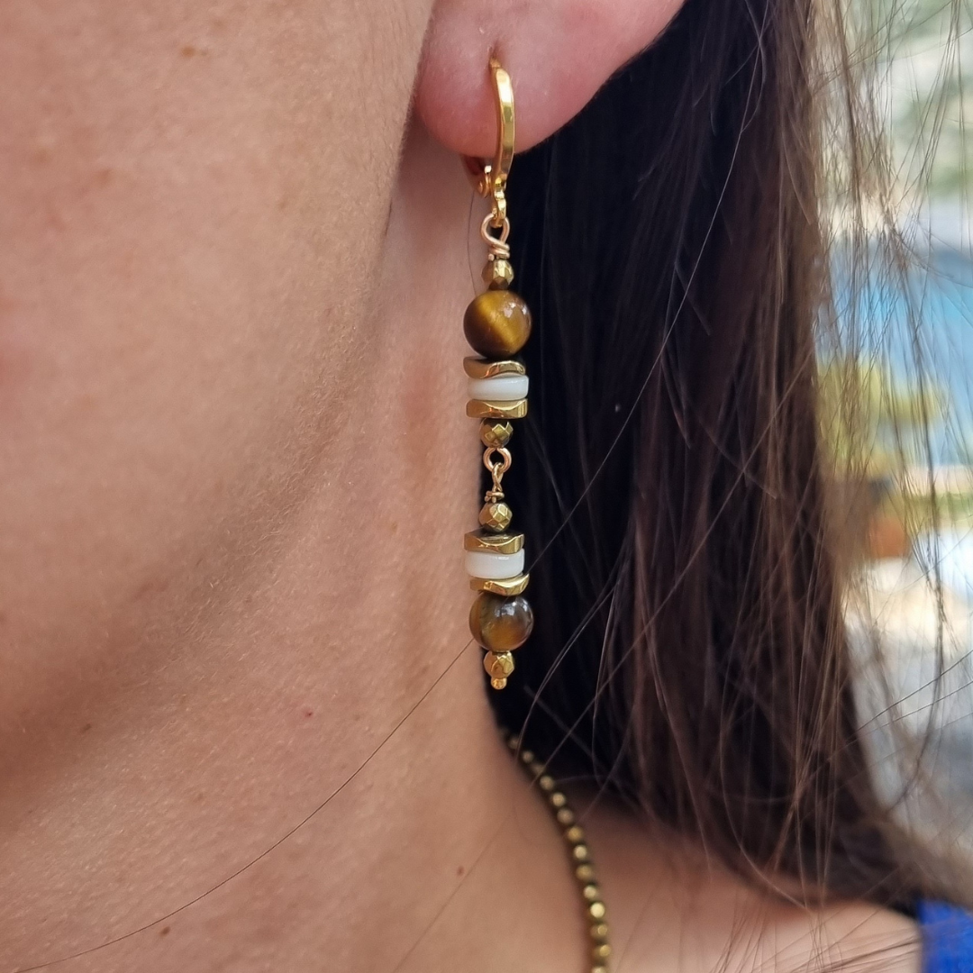 Boucles d'oreilles en pierres naturelles énergétique en oeil de tigre - bouclier de protection- confiance - courage