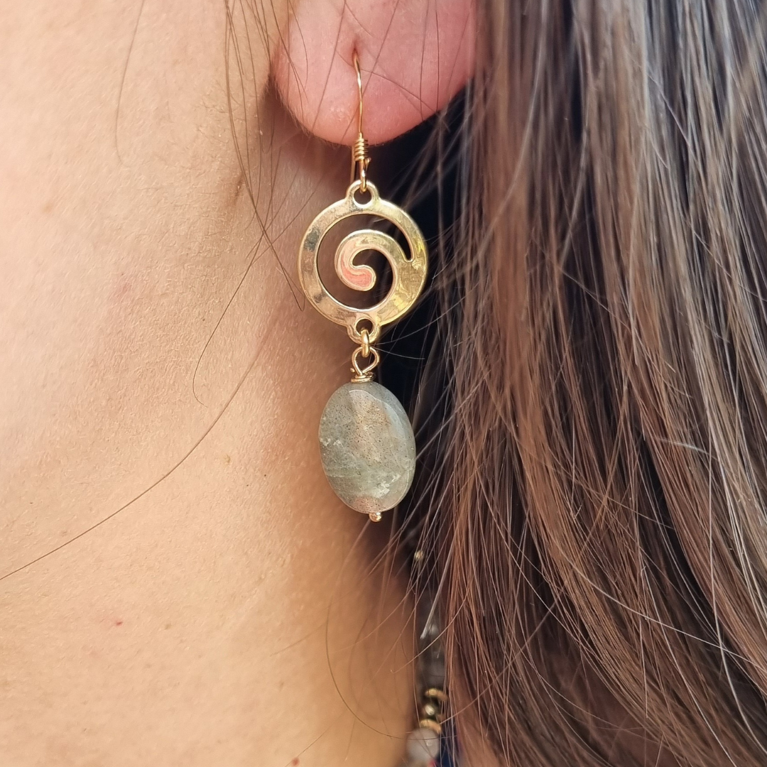 boucles d'oreille spirale pierre naturelle labradorite pour Dépassements des peurs - Protection - Confiance en soi