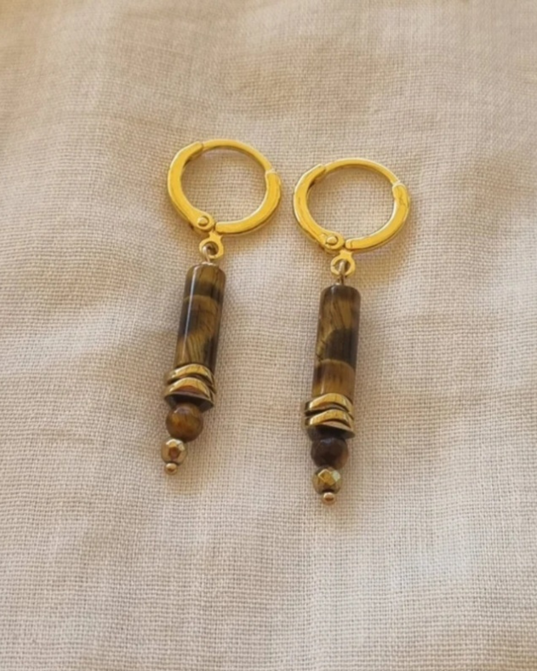 Boucles d'oreilles Alison Oeil de tigre Hématite Protection Courage Ancrage