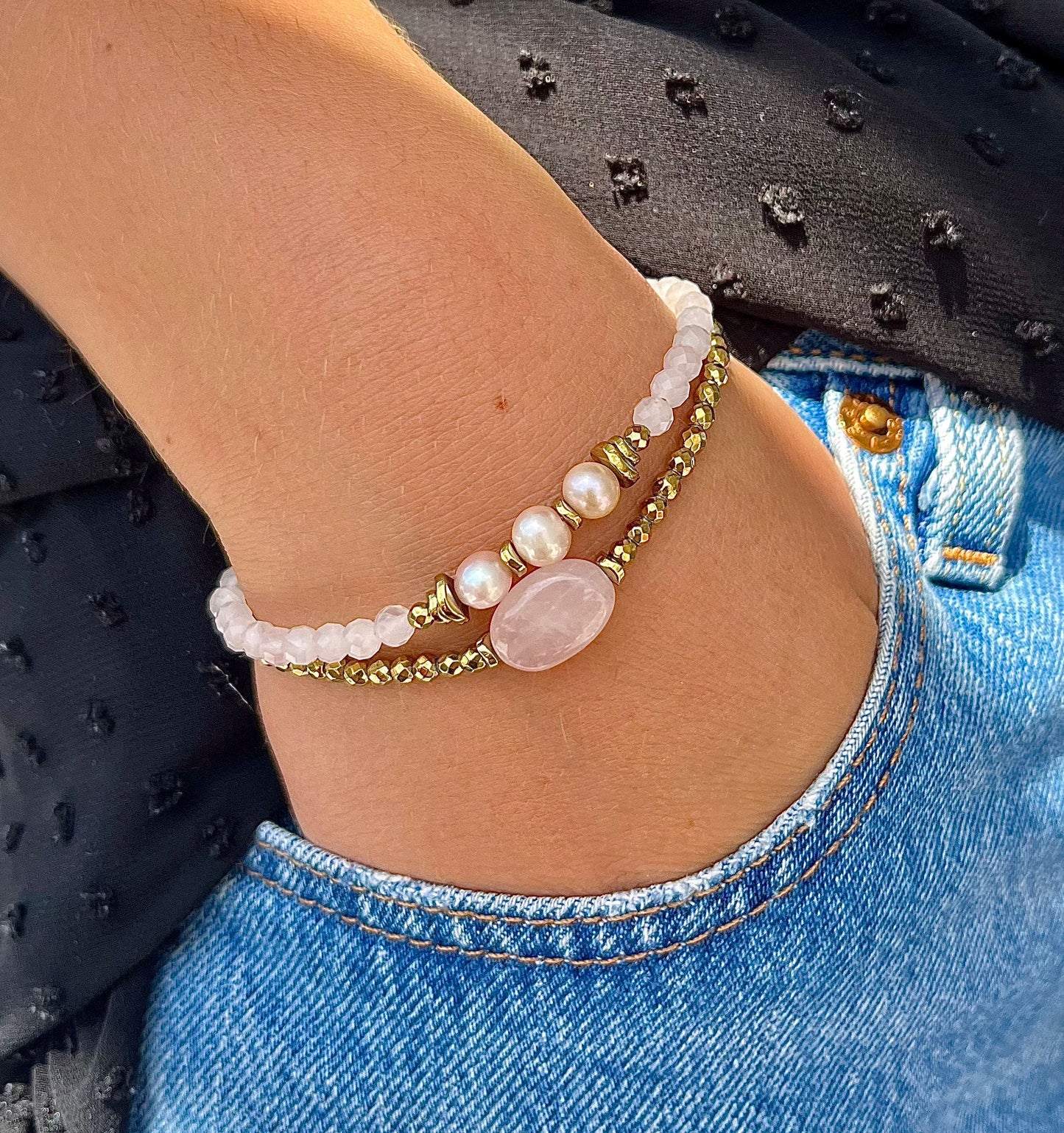 Bracelet Quartz Rose, Hématite et perles de culture SELENA