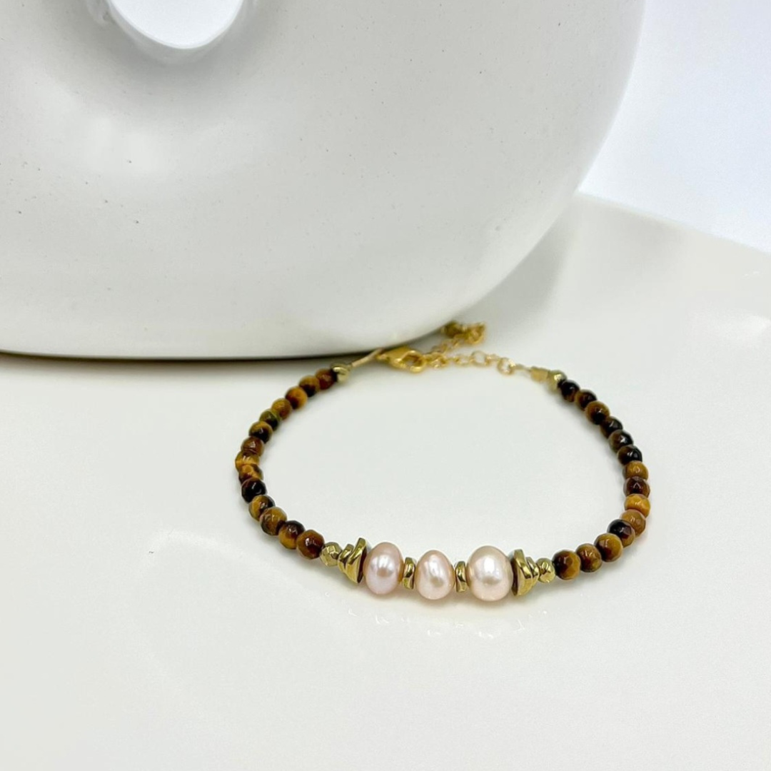 Bracelet Oeil de tigre, hématites et perles de cultures SELENA
