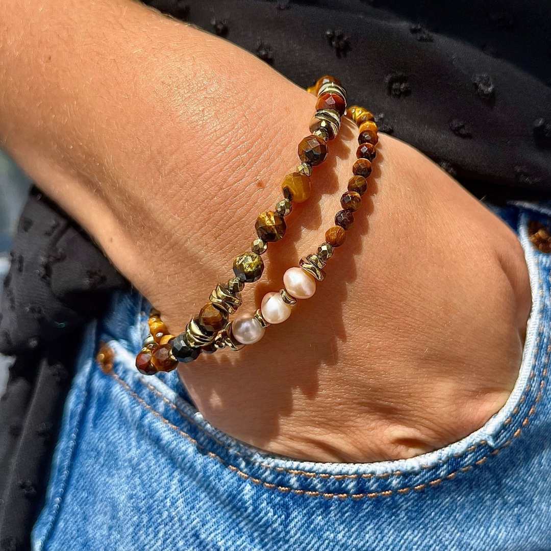 Bracelet Oeil de tigre, hématites et perles de cultures SELENA