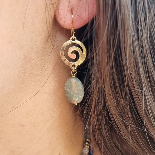 boucles d'oreille spirale pierre naturelle labradorite pour Dépassements des peurs - Protection  - Confiance en soi 