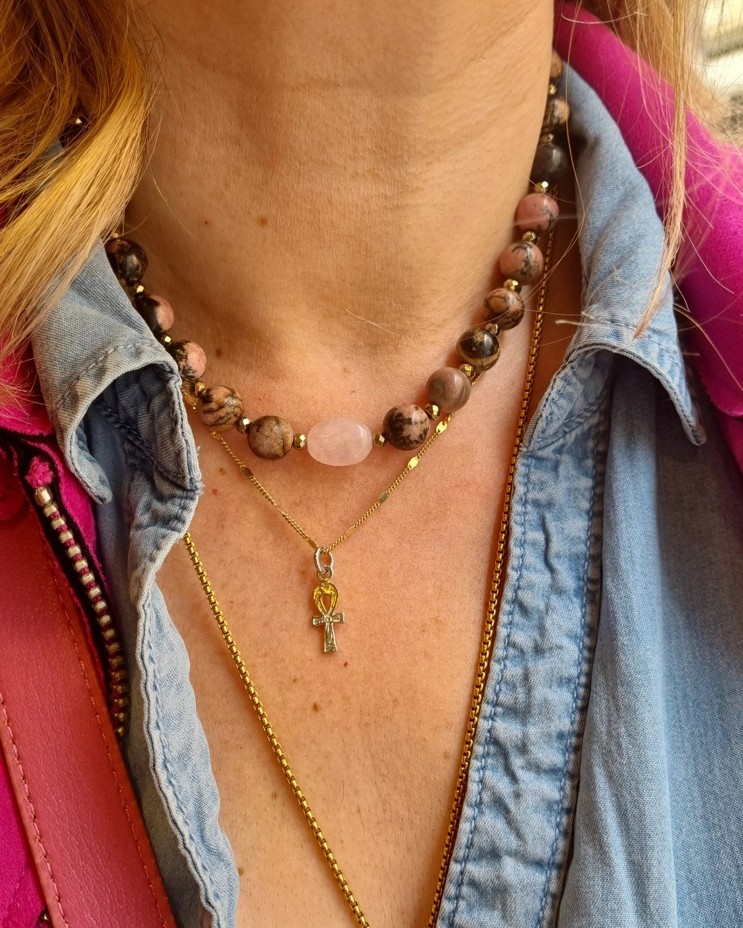 collier rhodonite quartz rose amour fête des mères