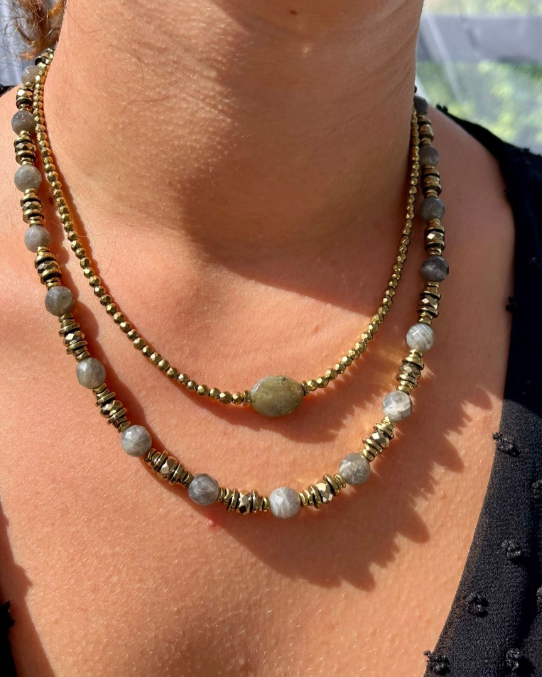 collier labradorite hématite pierre naturelle ancrage bouclier protection