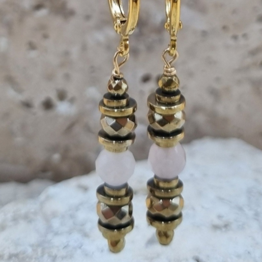 Boucles d'oreilles Quartz Rose et Hématite FREYA