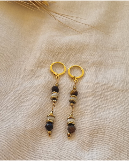 Boucles d'oreilles Doreen Oeil de tigre, nacre et hématites dorées