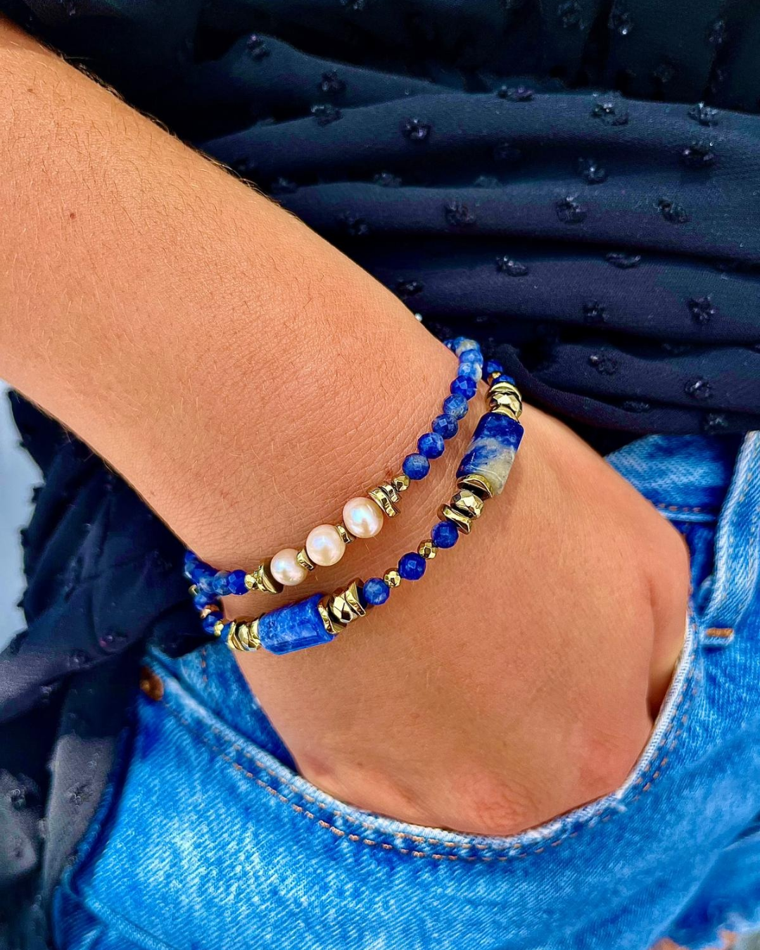 Bracelet Séléna Sodalite, perles de culture et hématites dorées