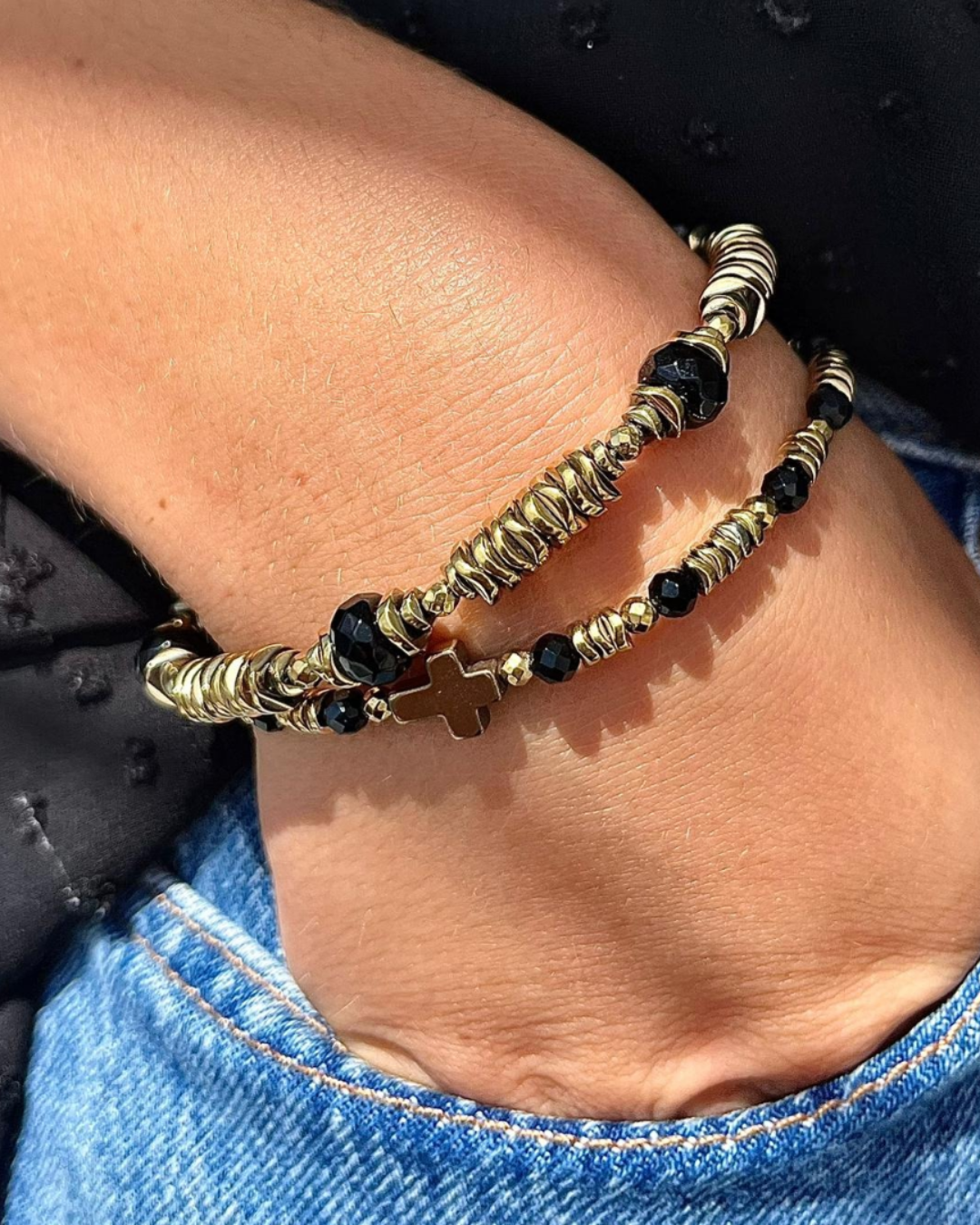 Bracelet Sybille Onyx et Hématites dorées