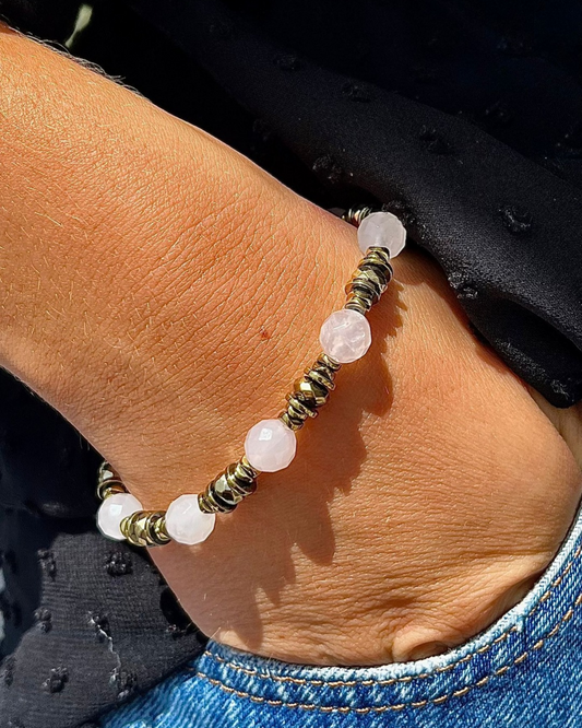 Bracelet FREYA Quartz rose et Hématites dorées