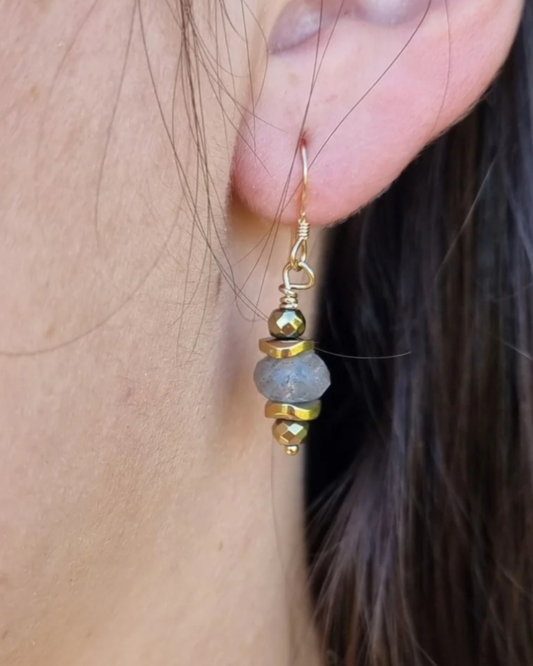 Boucles d'oreilles Mélisandre Labradorite et Hématites dorées