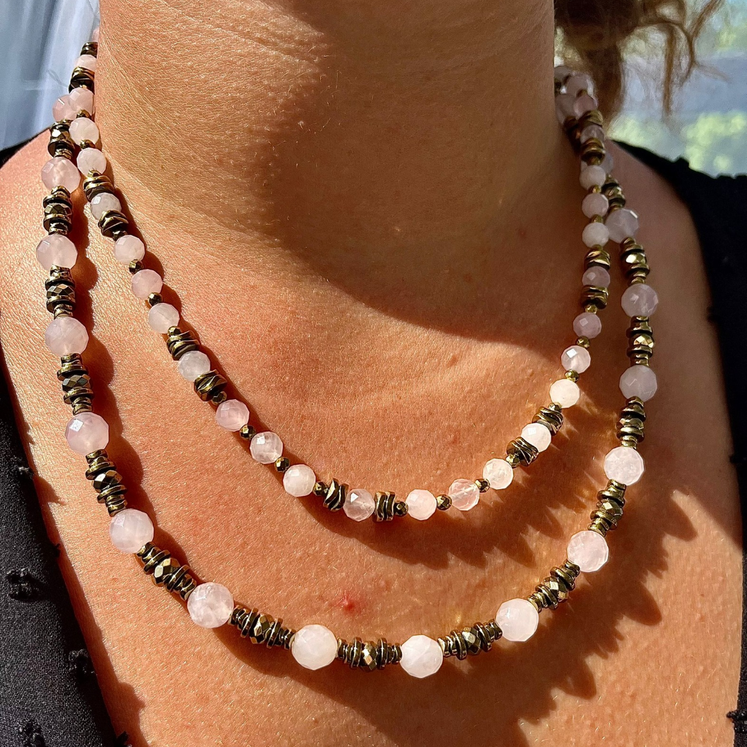 Collier CORNELIUS Quartz rose et Hématite 
