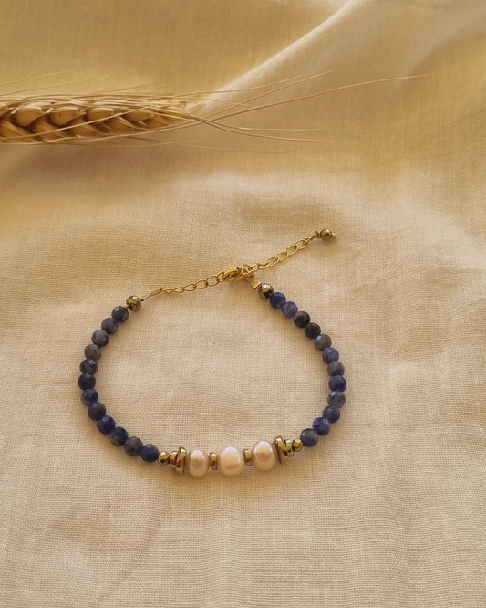 Bracelet SELENA Onyx, perles de culture et hématites dorées