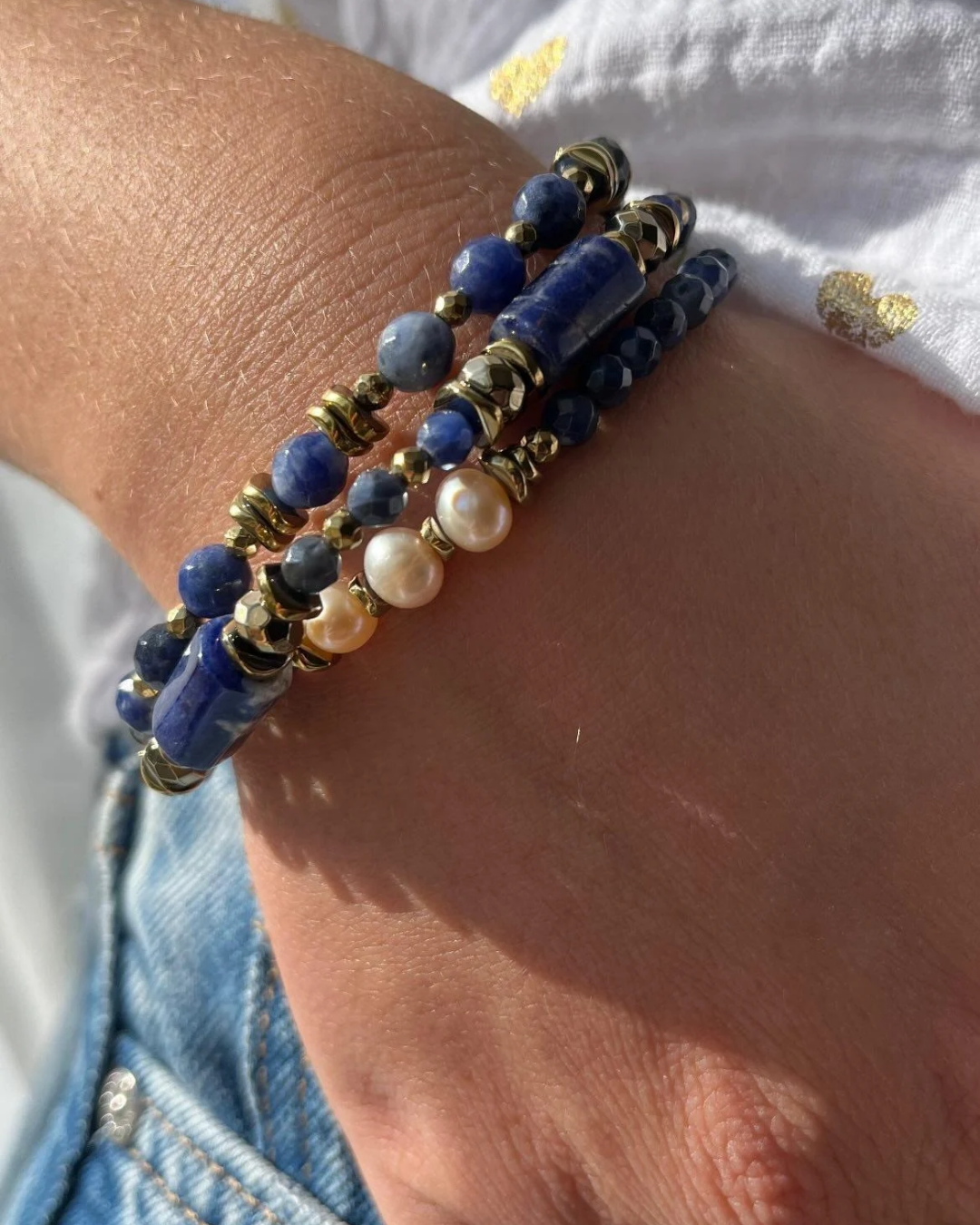 Bracelet Séléna Sodalite, perles de culture et hématites dorées