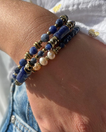 Bracelet Séléna Sodalite, perles de culture et hématites dorées