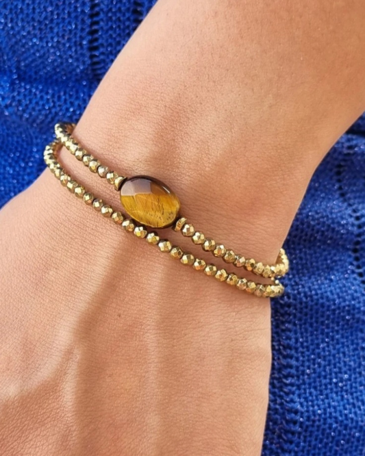 Bracelet double Pamina Oeil de tigre et hématites dorées