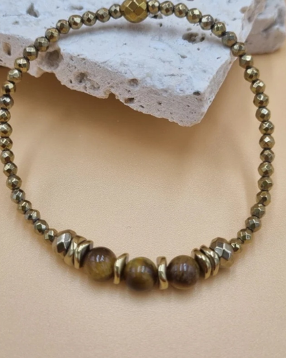Bracelet Cordélia Oeil de tigre et hématites dorées