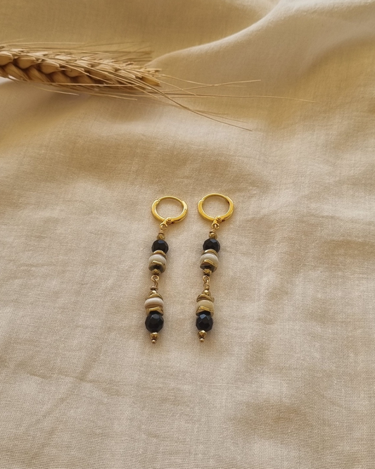 Boucles d'oreilles Doreen Onyx, nacre et hématites dorées