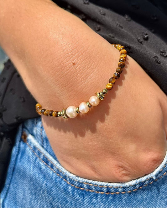 Bracelet Séléna  Oeil de tigre, perles de culture et hématites dorées