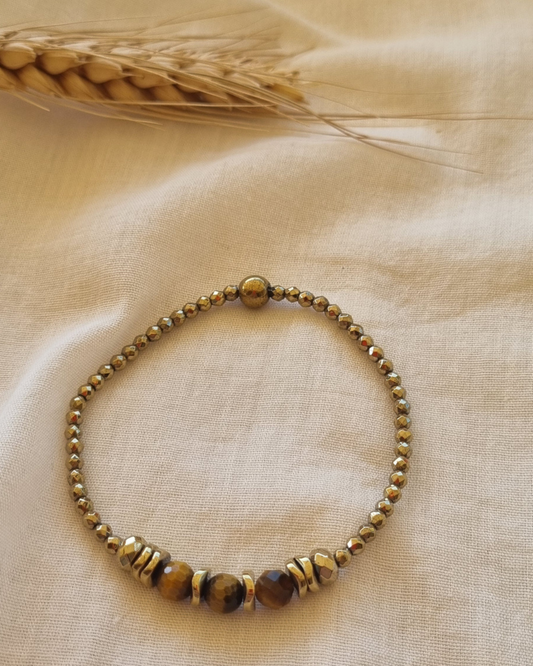 Bracelet Cordélia Oeil de tigre et hématites dorées