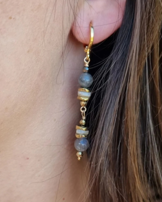 Boucles d'oreilles Doreen Labradorite, nacre et Hématites dorées