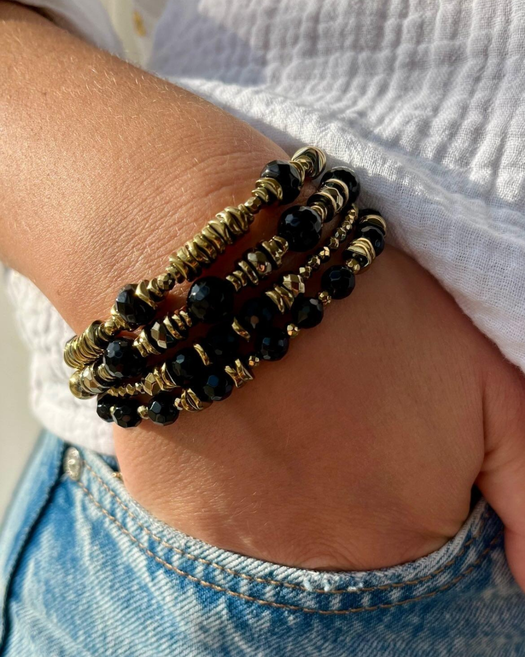 Bracelet Mélisandre Onyx et Hématites dorées